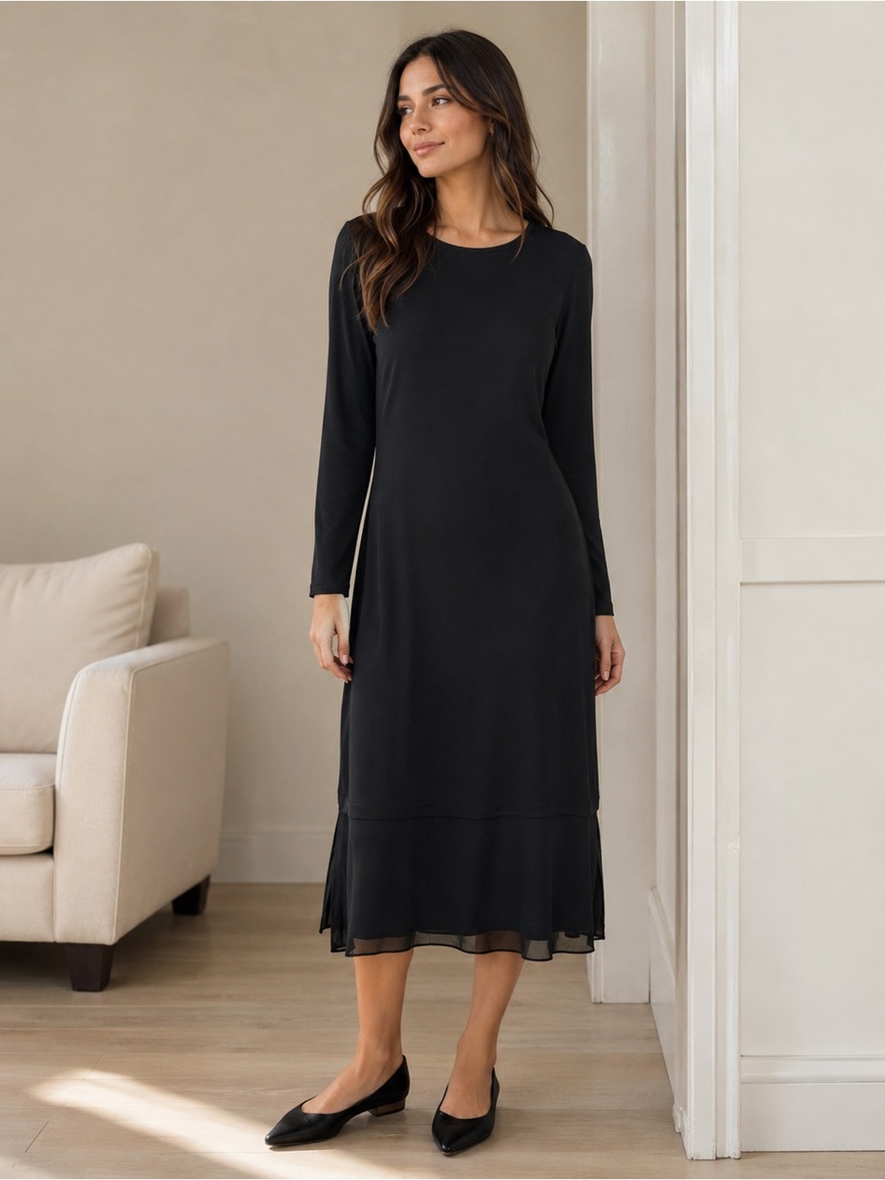 Eileen Fisher 100% Silk Layered Tiered Midi Dress Black Small